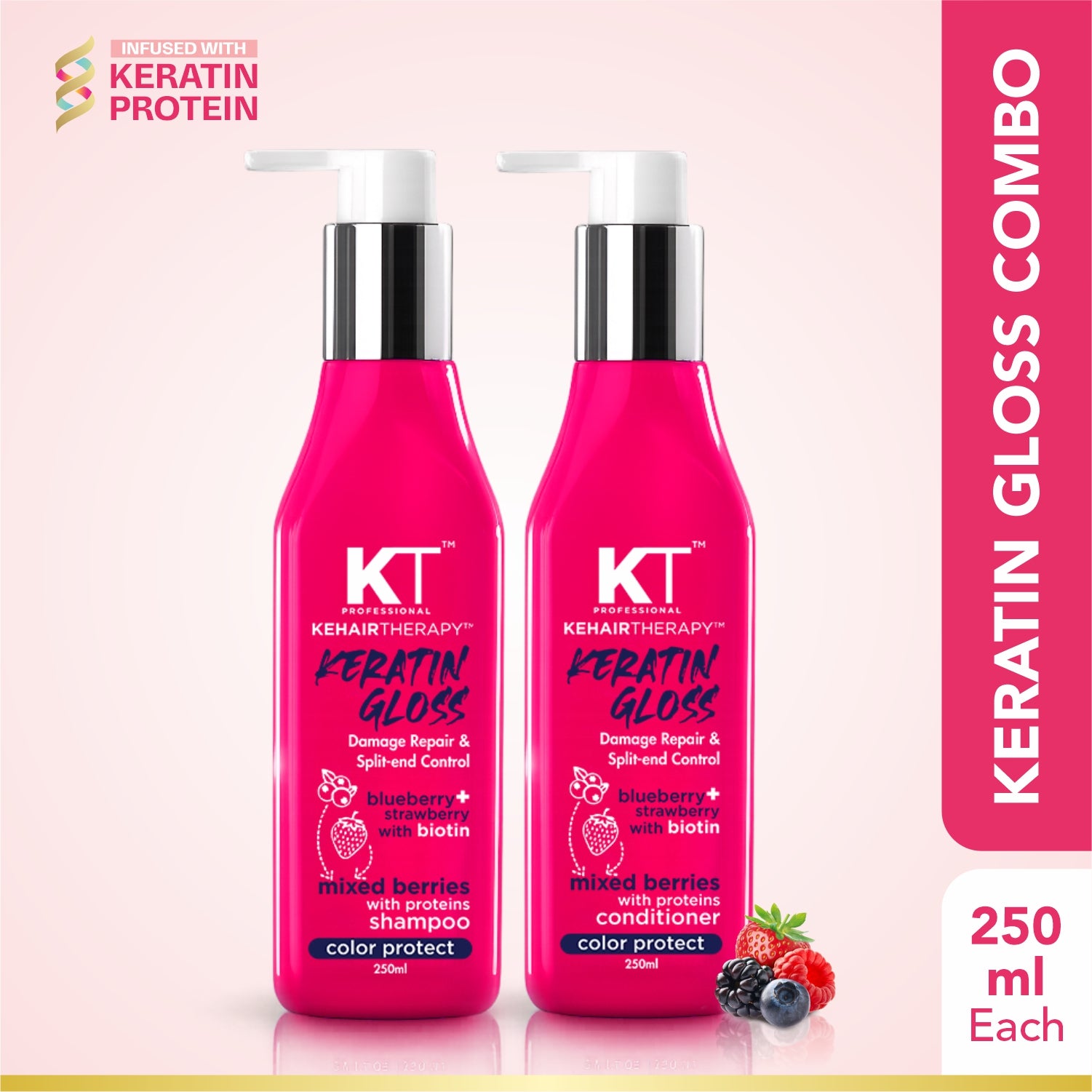 Keratin Gloss Shampoo & Conditioner | With Blueberry, Strawberry & Biotin | Damage Repair & Split-End Control | Sulfate-Free, Paraben-Free | 250ml x 2