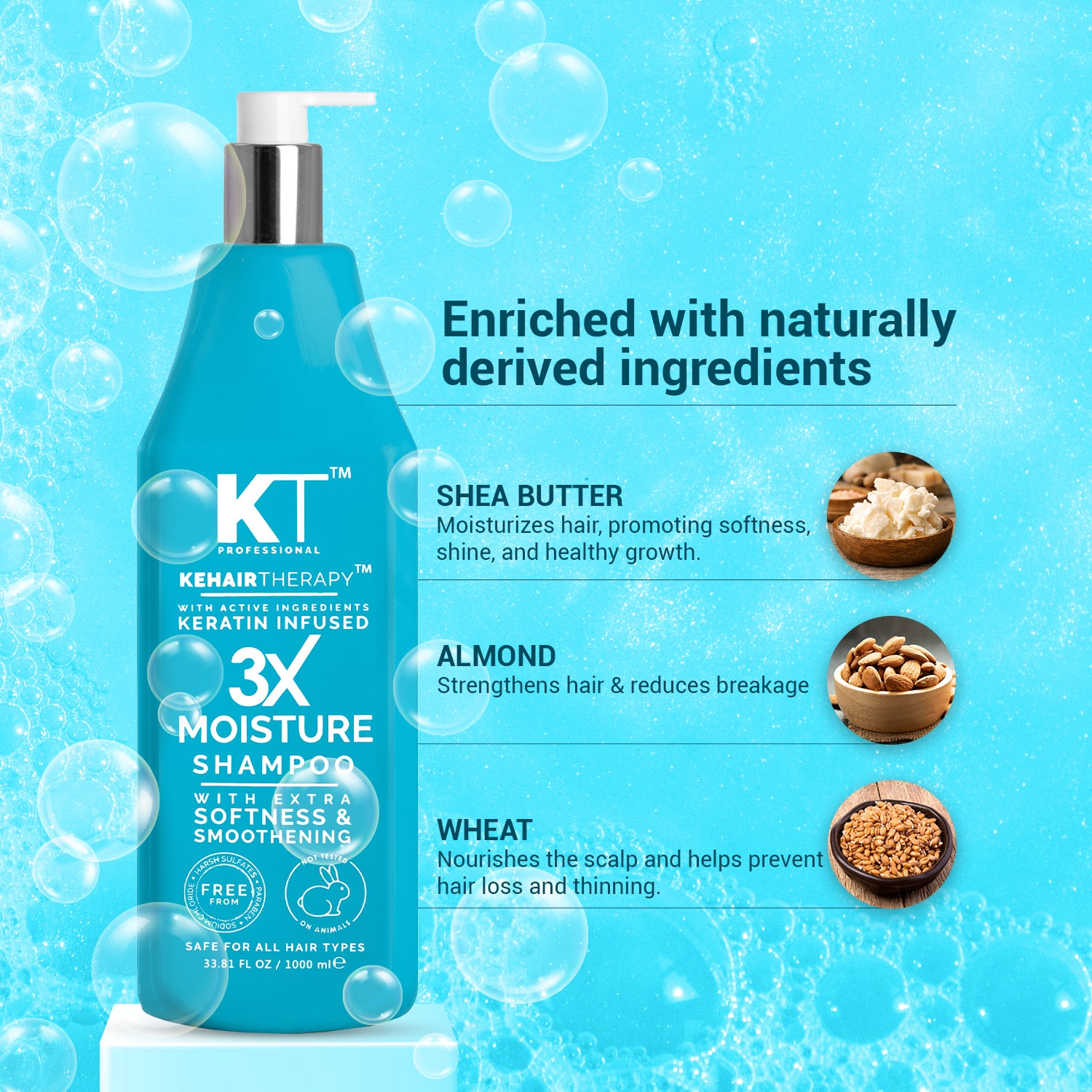 3X Moisture Shampoo | Keratin-Infused with Active Ingredients for Extra Softness & Smoothness | Sulfate-Free, Paraben-Free | 1000ml