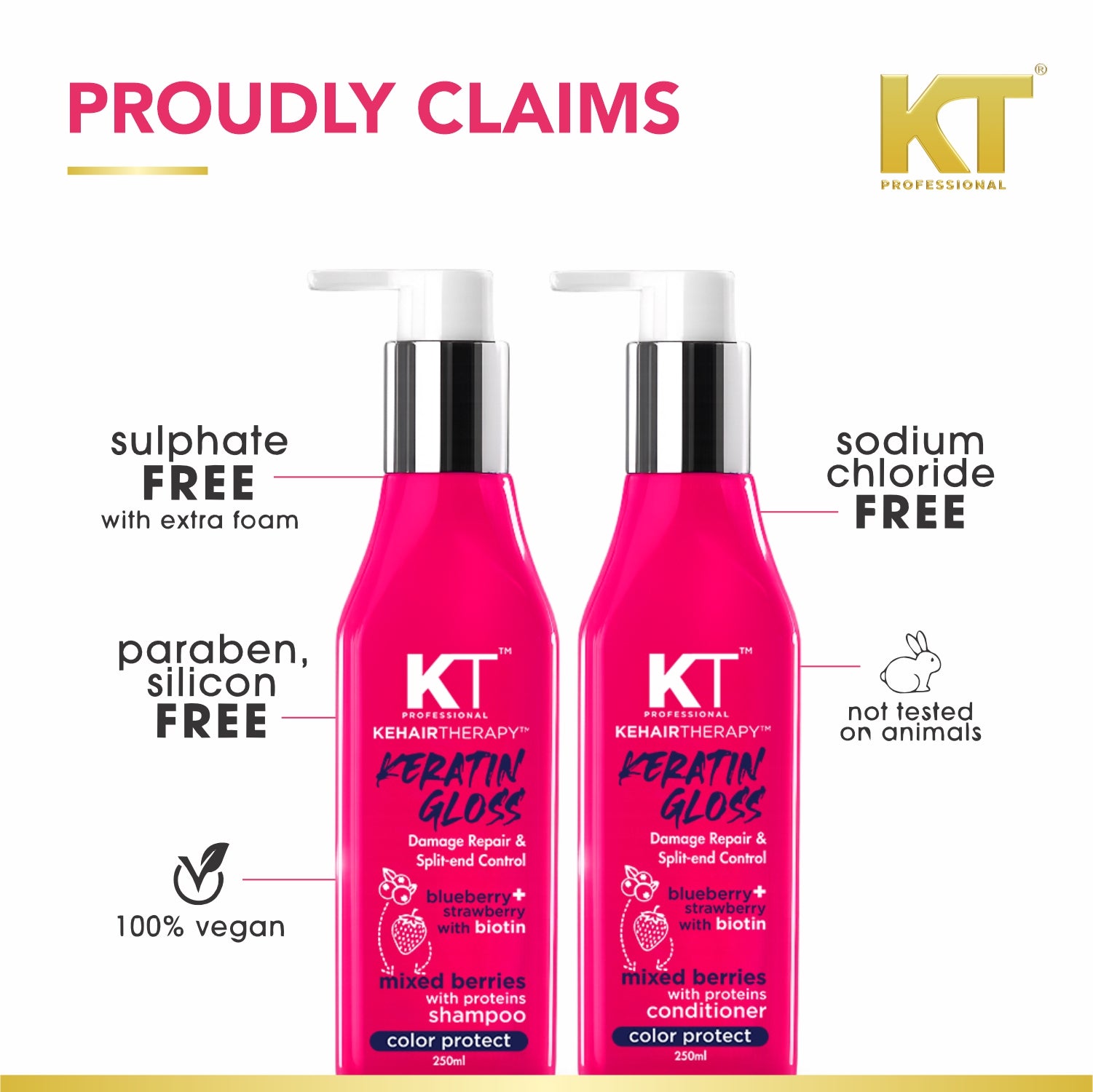 Keratin Gloss Shampoo & Conditioner | With Blueberry, Strawberry & Biotin | Damage Repair & Split-End Control | Sulfate-Free, Paraben-Free | 250ml x 2