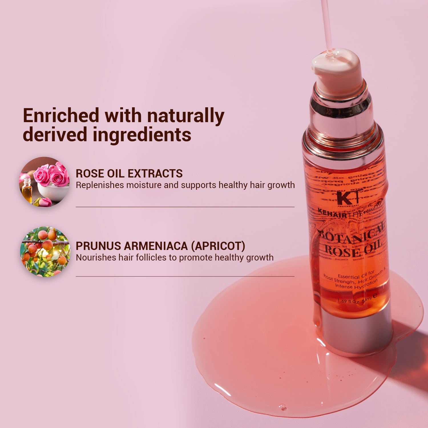 Botanical Rose Oil Hair Serum | For Soft, Silky Hair, Natural Shine & Long-Lasting Hydration | Sulfate-Free, Paraben-Free | 50ml