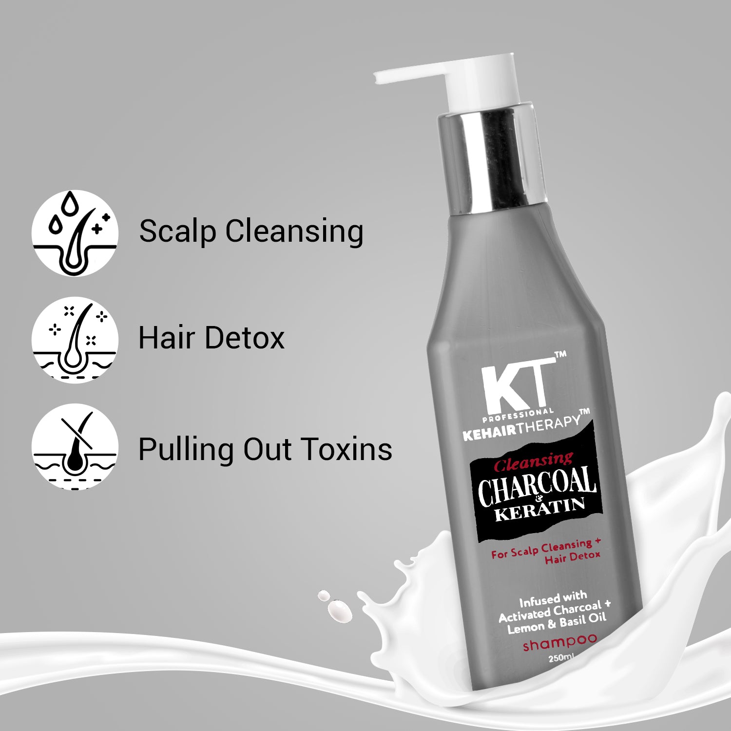 Charcoal &amp; Keratin Shampoo | Infused with Activated Charcoal, Lemon &amp; Basil Oil | Scalp Cleansing &amp; Hair Detox | Sulfate-Free, Paraben-Free | 250ml
