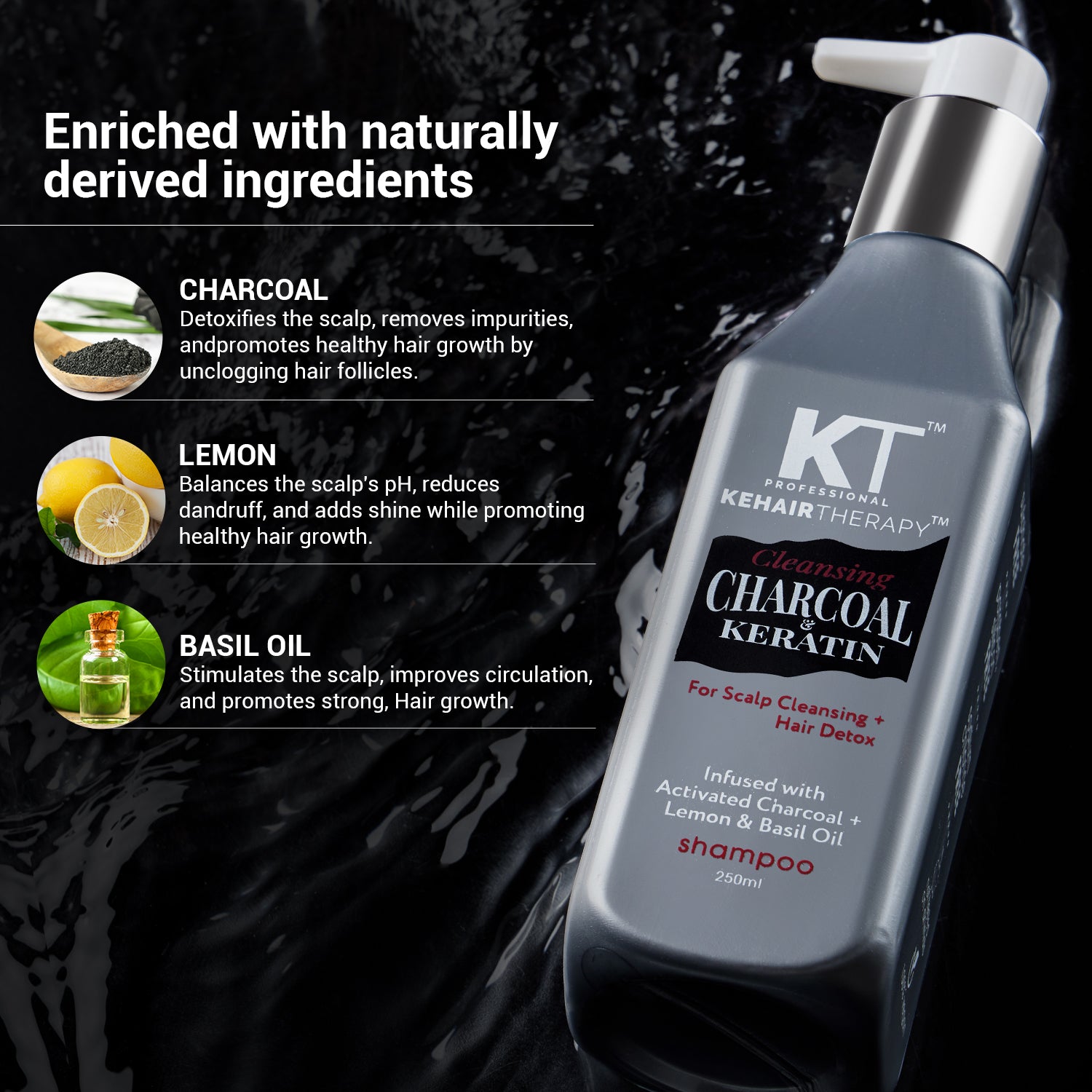 Charcoal &amp; Keratin Shampoo | Infused with Activated Charcoal, Lemon &amp; Basil Oil | Scalp Cleansing &amp; Hair Detox | Sulfate-Free, Paraben-Free | 250ml