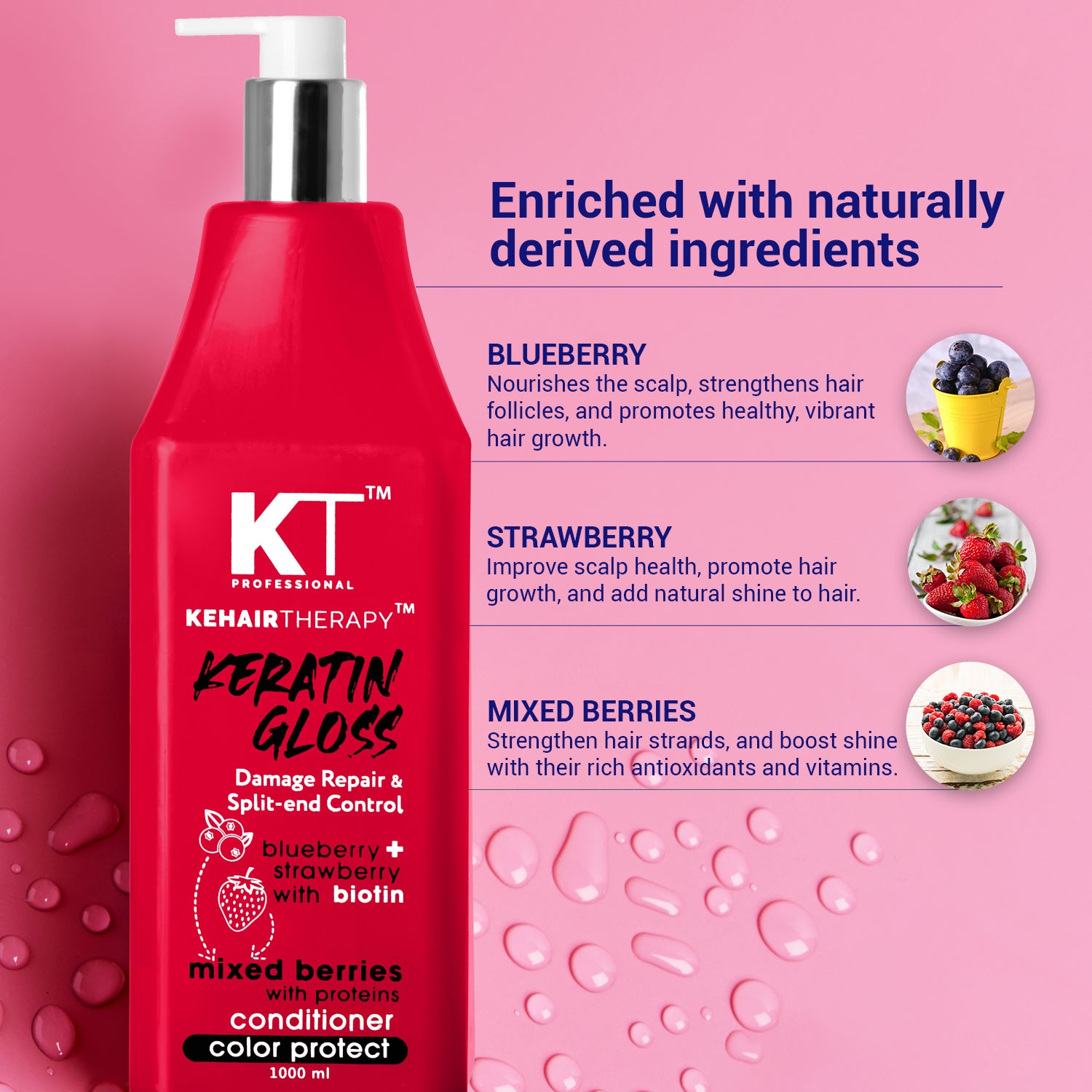 Keratin Gloss Conditioner | With Blueberry, Strawberry &amp; Biotin Extracts | Damage Repair &amp; Split-End Control | Sulfate-Free, Paraben-Free | 1000ml | 500ml | 250ml