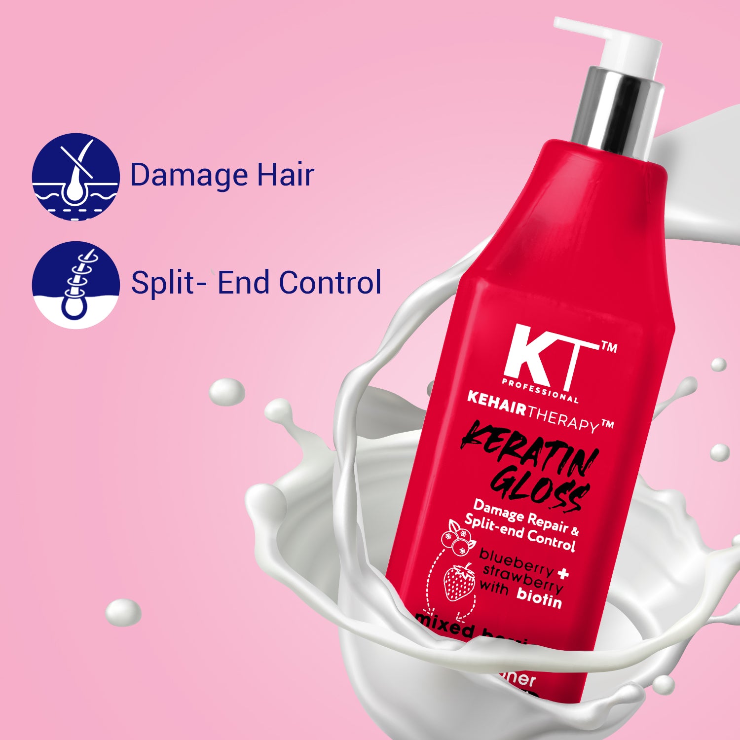 Keratin Gloss Conditioner | With Blueberry, Strawberry &amp; Biotin Extracts | Damage Repair &amp; Split-End Control | Sulfate-Free, Paraben-Free | 1000ml | 500ml | 250ml