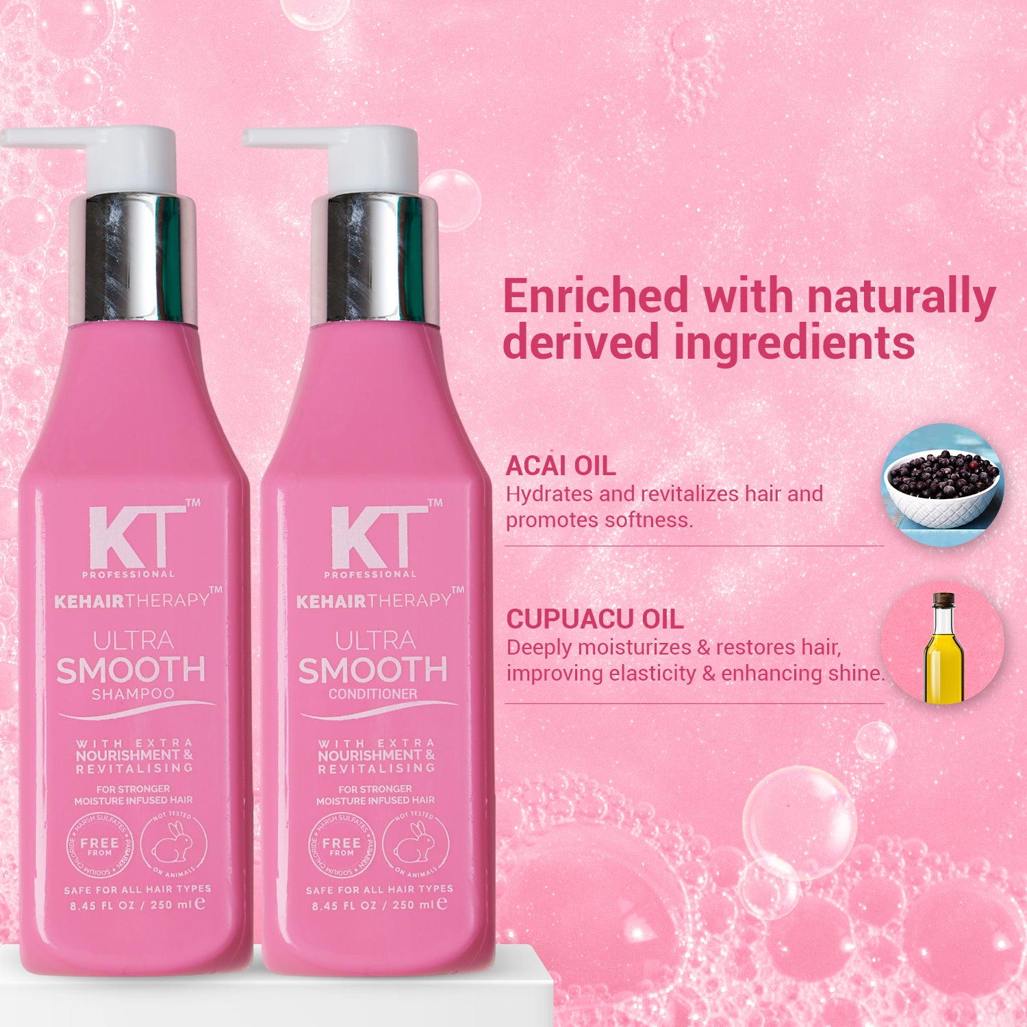 Ultra Smooth Shampoo &amp; Conditioner | With Acai Oil &amp; Cupuacu Oil | Extra Nourishment &amp; Revitalizing for Soft, Shiny Hair | Sulfate-Free, Paraben-Free | 250ml x 2